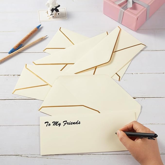 30 Pack Thick #10 Business Envelopes with Gold Border, 4 1/8 x 9 1/2 Thick Paper Standard Envelopes with Stickers for Office, Checks, Letter Mailing, Invoices (Cream Color)
