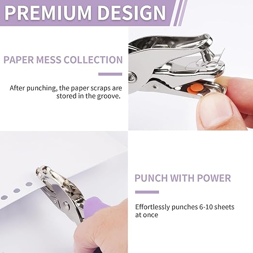Single Hole Punch, 2 Pcs Hand Hole Puncher with Soft Grip Handle, 1/4" and 1/8" Small Hole Paper Punch for Crafts, Scrapbooks, 6 Sheets Capacity, Tags, Tickets - Purple