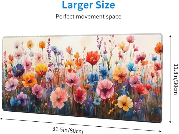 Desk Pad,Office Desk Mat 31.5"×11.8" Large Gaming Mouse Pad,Durable Extended Computer Mouse Pad,Waterproof Thick Big Mouse Pads with Non-Slip Rubber Base Office Home Watercolor Wild Flower
