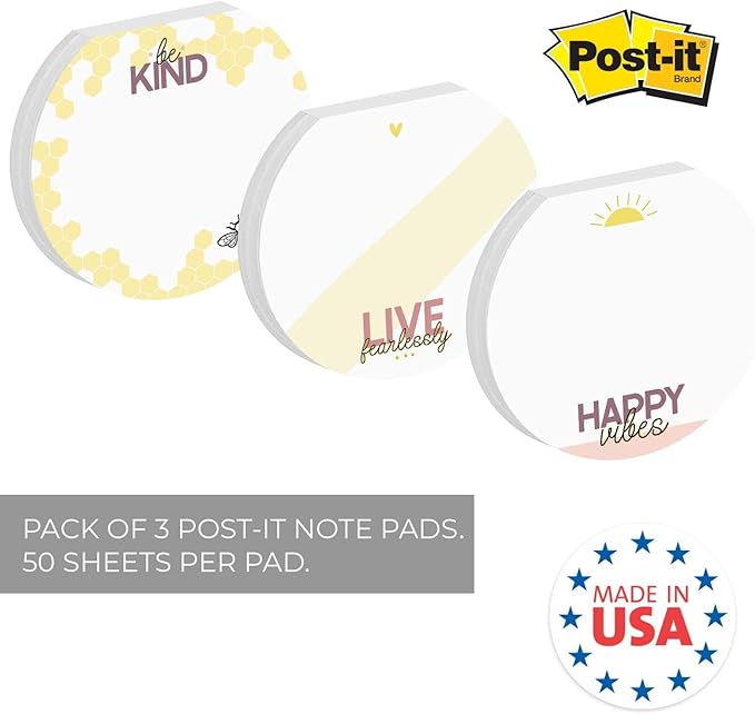 Kindness Sticky Note Pad Assortment/Set of 3 Round Flat Top Motivational Note Pads / 3.5" Be Kind Sticky Notes / 50 Sheets Per Pad/Made in USA
