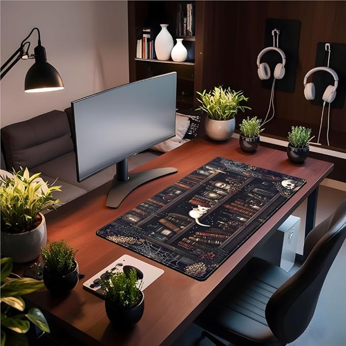 Dark Witchy Desk Mat Gaming Desk Pad Large Mouse Pad, Magician'S Fantasy Bookcase Gothic Mouse Mat XXL Laptop Keyboard Pad, Laptop Keyboard and Mouse Mat Desktop Protector Mat 31.5 X 15.7 in