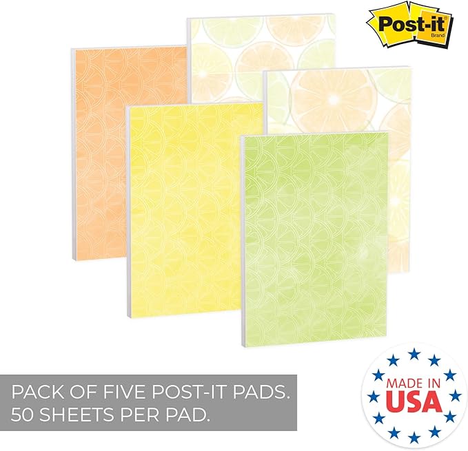 Gotcha Covered Notebooks Citrus Vibes Note Assortment / 4" x 6" Tropical Repositionable Sticky Notes/Set Of 5 Colorful Fruit Themed Pads/Made In The USA