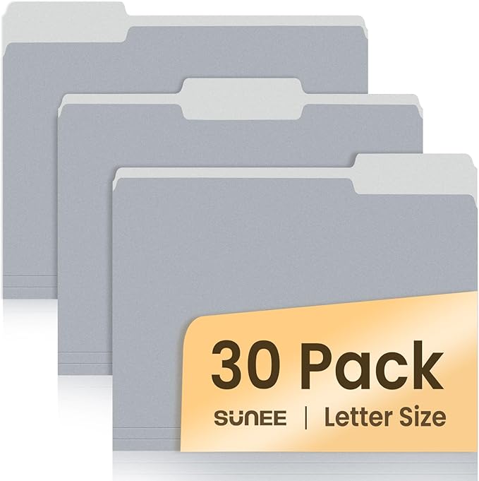 SUNEE File Folders, 30 Pack Manilla Folders 8.5 x 11, Colored File Folders Home Office School Supplies for Documents Files Paper, Gray