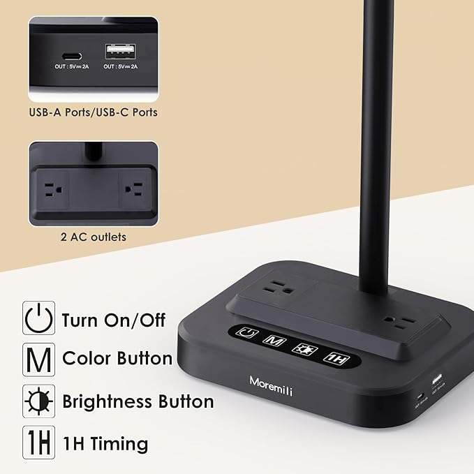 LED Desk Lamp with USB Charging Port: Eye-Care Technology - 1 Type-C, 1 USB-A Charging Port, 2 AC Power Outlets, Desk Lamps for Home Office, Study, Bedroom