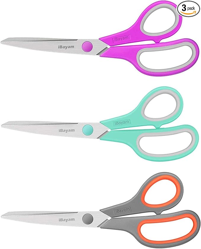 Scissors, iBayam 8" All Purpose Scissors Bulk 3-Pack, Ultra Sharp 2.5mm Thick Blade Shears Comfort-Grip for Office Desk Accessories Sewing Fabric Home Craft Teacher School Supplies, Right/Left Handed