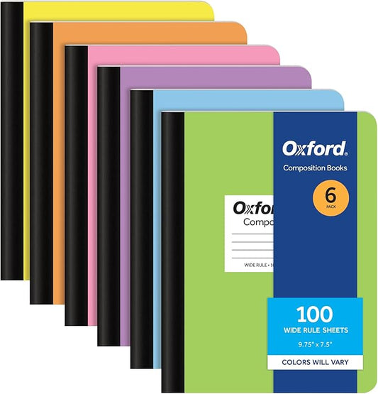 Oxford Composition Notebooks, 6 Pack, Cover Colors Vary, Wide Ruled Paper, 9-3/4 x 7-1/2 Inch School Journals, Assorted Pastel Covers, 100 Sheets, per Book (63759)