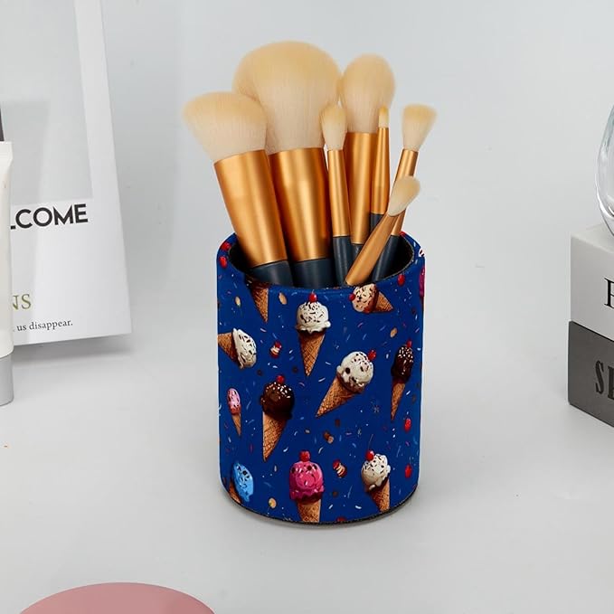 Leather Pen Holder for Desk Ice Cream Cone Pencil Cup Desktop Organizer Makeup Brush Holders Office Supplies for Home, Kids & School