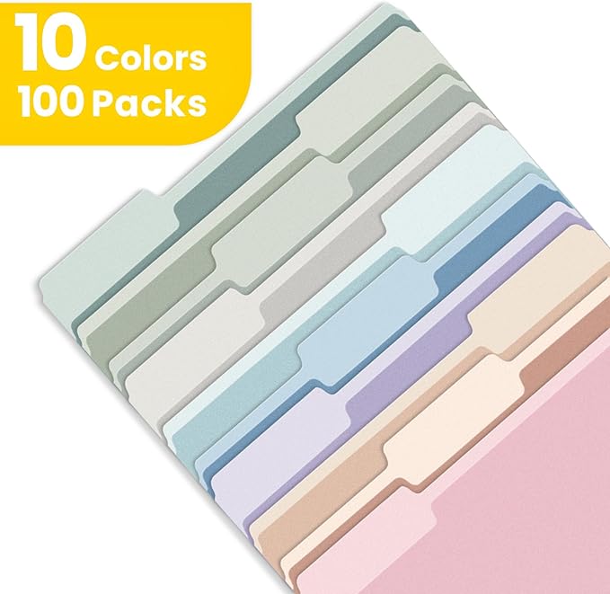 SUNEE File Folders Letter Size 10 Pastel Colors, 100 Pack Manilla Folders 8.5 x 11 1/3-Cut Tabs, Colored File Folders Office Home School for Documents Files Paper