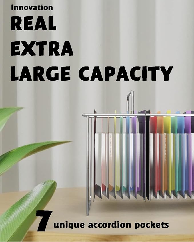 Plastic Expanding Hanging File Folders, 7 Pocket Extra Capacity Accordion Hang Folder, 1/5 Cut Adjustable Tabs, Multi-Color Lables, Letter Size for Filing Cabinet - 3 Pack
