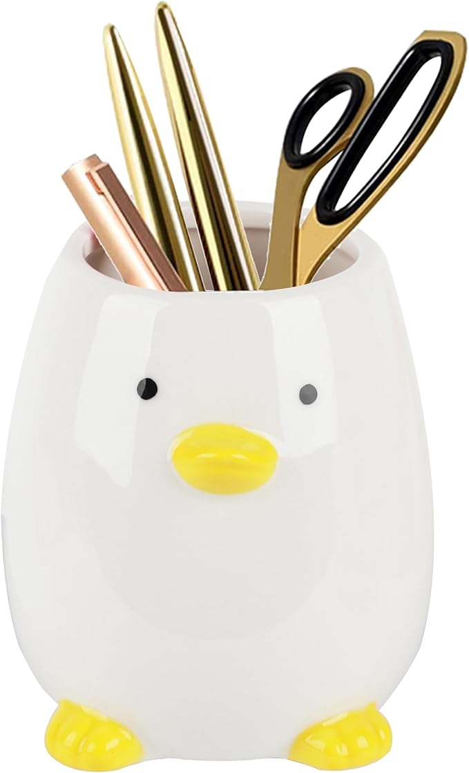 Ceramic Round Pen Holder for Desk Cute Cartoon Animal Stand Pencil Cup Pot Desk Organizer(Gray White), Yellow