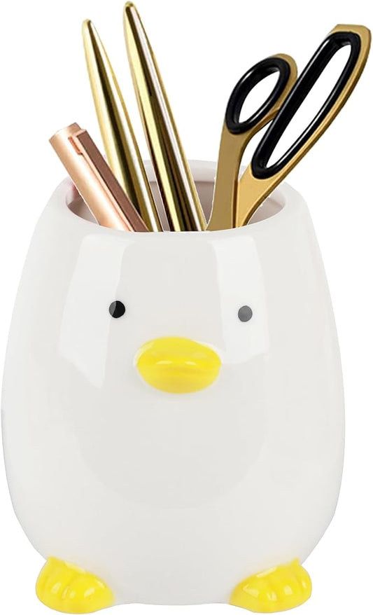 Ceramic Round Pen Holder for Desk Cute Cartoon Animal Stand Pencil Cup Pot Desk Organizer(Gray White), Yellow