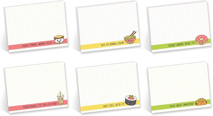 Cute Food Pun Sticky Note Assortment / 4" x 3" Trendy Repositionable Sticky Notes/Set of 6 Kawaii Foodie Pads/Made in The USA