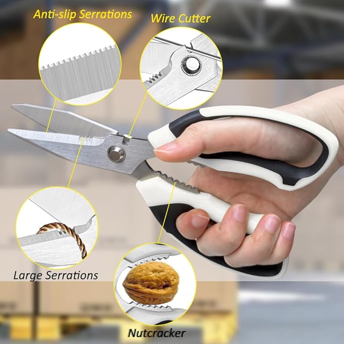 Utility Scissors Heavy Duty, Heavy duty Shears Stainless Steel Blades with Protective Case, Multipurpose Scissors for Cutting Cardboard, Fabric, Carpet, Leather, Wire (White Set)