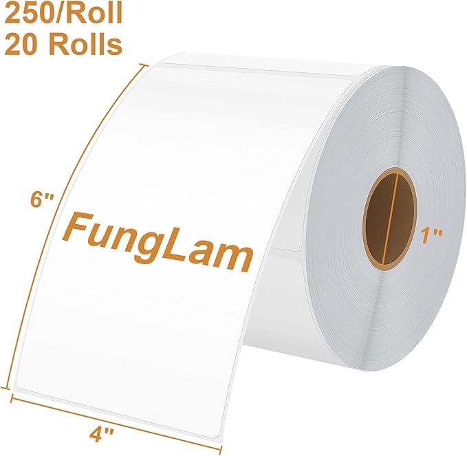 FungLam Thermal Labels 4x6 Direct Thermal Shipping Labels, 20 Rolls with 250 Labels/Roll, 1'' Core, Compatible Zebra 2844 ZP-450 ZP-500 ZP-505 Thermal Printer Label