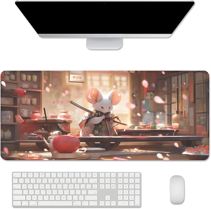 Mouse Samurai Mouse Pad Japanese Desk Mat,Large Gaming Mouse Pad,Desk Mat for Keyboard and Mouse,Computer Pad,Big Mousepad with Stitched Edge Non-Slip Rubber Base for Office School Home