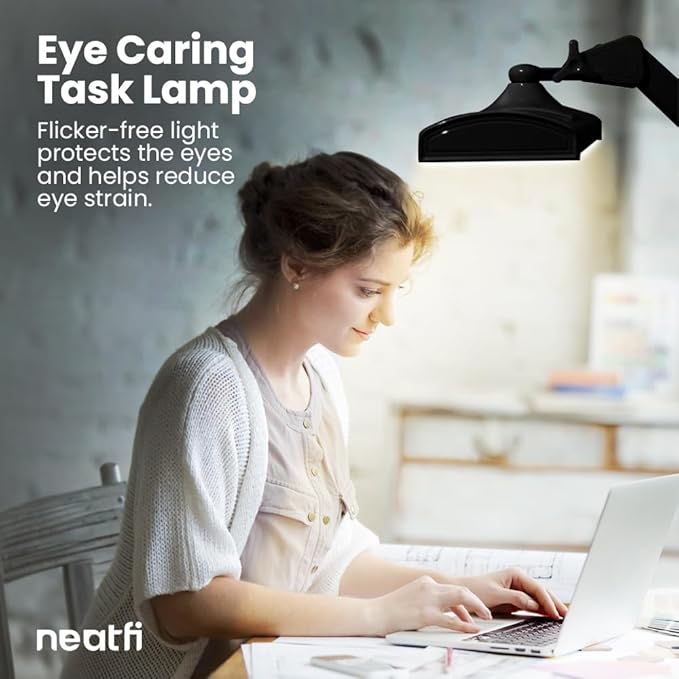 Neatfi LED Desk Lamp, 3,500 Lumens, 3 Light Modes, Dimmable, 45W, Touch Control, 26 Inch Wide Metal Shade, 540 SMD LEDs, Directional Lighting, Eye Caring Task Lamp (CCT with Clamp, Black)