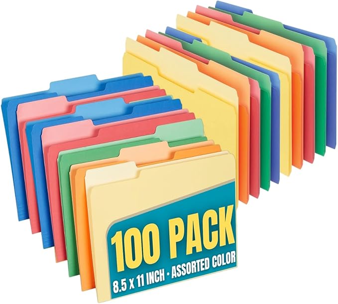 1InTheOffice Colored File Folders Letter Size, 1/3 Cut Tab, Assorted Colors, 100 Pack