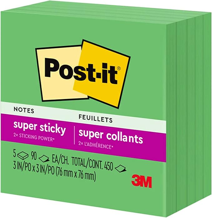 Post-it Super Sticky Notes, 5 Sticky Note Pads, 3 x 3 in., School Supplies, Office Products, Sticky Notes for Vertical Surfaces, Monitors, Walls and Windows, Lucky Green