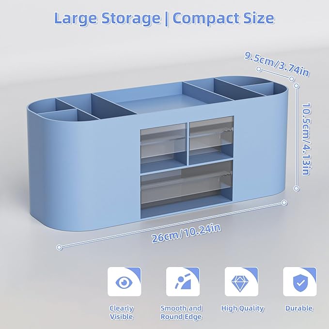Marbrasse Desk Organizer Pen Holder for Desk with 3 Drawers, Multi-Functional Pencil Holder, Desk Organizers and Accessories with 7 Compartments for Home, School, Classroom(Blue)