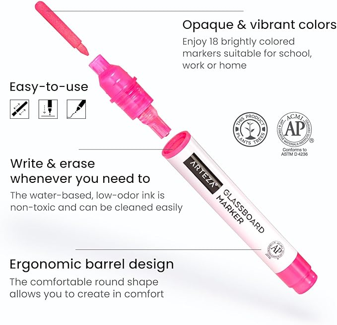 ARTEZA Glass Board Markers, Pack of 18, 10 Classic and 8 Neon Colors for Whiteboards and Windows, Erasable Dry Erase Markers, Office, School Supplies