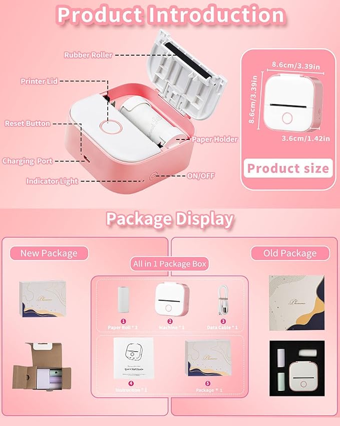 Memoking Mini Sticker Printer - T02 Mini Thermal Printer Wireless Inkless Label Maker Portable Sticker Maker for Student Birthday Gift, Compatible with iOS & Android, Pink