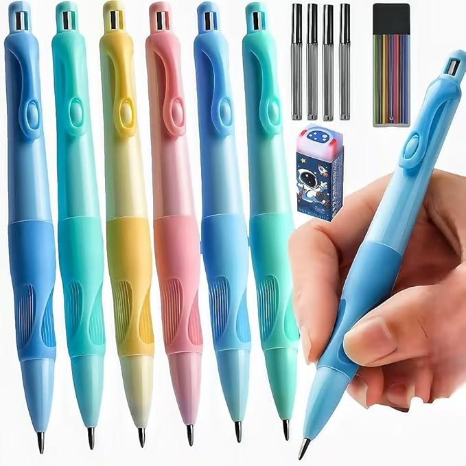 Handwriting thick mechanical pencils with grip: 2.0MM HB Pencil for kids with 14 leads (6 pack)