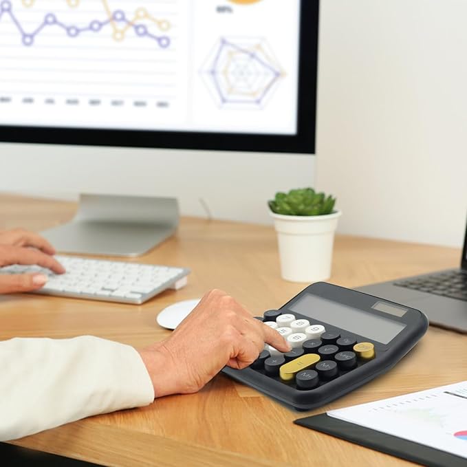 Black Calculator, UPIHO Standard Calculator 12 Digit with Large LCD Display and Big Buttons, Black Gold Office Accessories for Women Desk, Supplies for Office,School, Home, Business