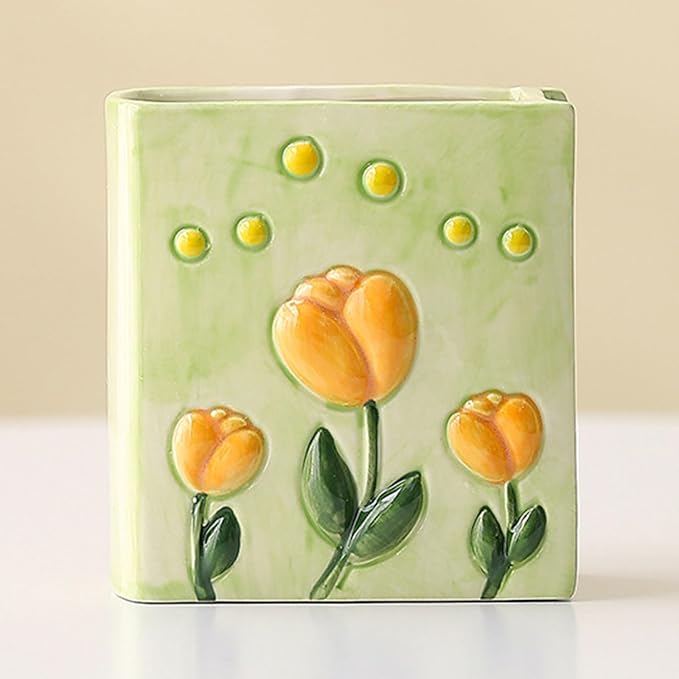 Book Vase Tulip Pencil Cup Pen Holder For Office Desk Decorative Books Yellow Flower Vase Cute Toothbrush Holders Home Decor Teacher Book Gifts for Women Small Makeup Brushes Holder
