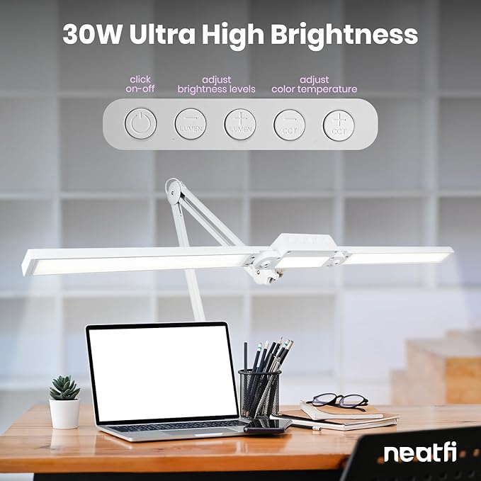 Neatfi LED Desk Lamp, Dimmable Desk Light with 360 SMD LEDs, 30W, CRI 95, Adjustable Color Temperature, Task Lamp for Home, Office, and Workbench (CCT, White, 41 Inches)