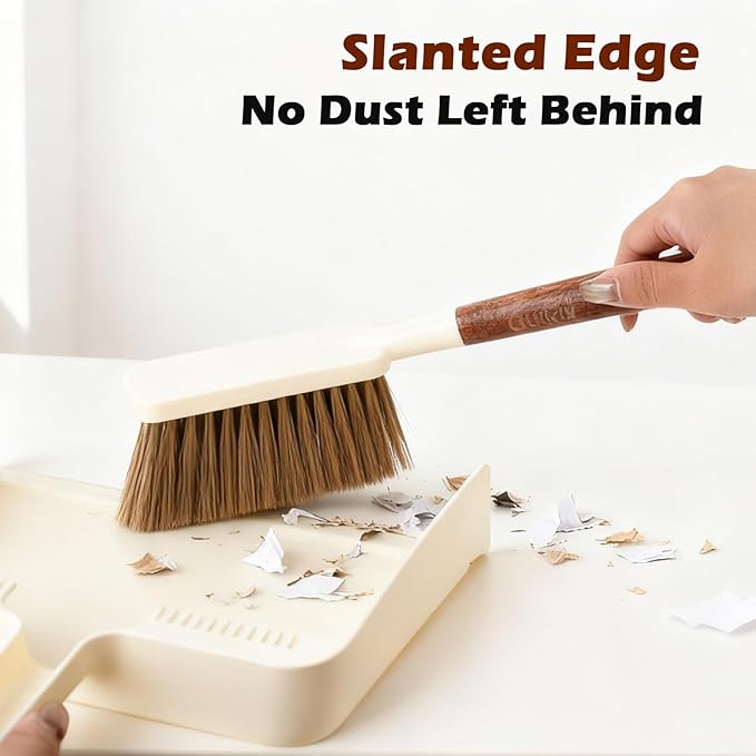 QUIVIX Hand Broom and Dustpan Set,Portable Small Dustpan and Brush Set with Sapele Wood Handle,Teeth Design,Compact Hangable Broom with Dustpan for Cleaning Desktops Kitchen Sofa Pet Hair,Beige