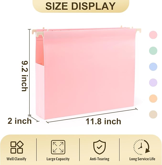 Plastic Hanging File Folders Letter Size,6 Pack Extra 2 Inch Capacity Hanging File folders with Tabs,Heavy Duty for Filing Cabinet,Home and Office File,Pastel Colors