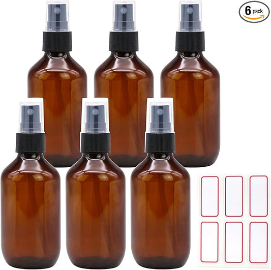 6 Pack 3.4oz Amber Spray Bottles, Small Fine Mist Mister Plastic Travel Bottles, Empty Bottles Set for Essential Oils Hair