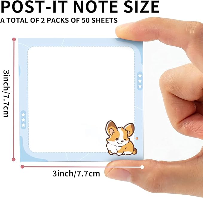 2 Pack Sticky Notes 3x3 Inches, Bright Cute Strong Sticking Power, Easy to Post for Home, Office, 80sheets/Pads, Cute Puppy
