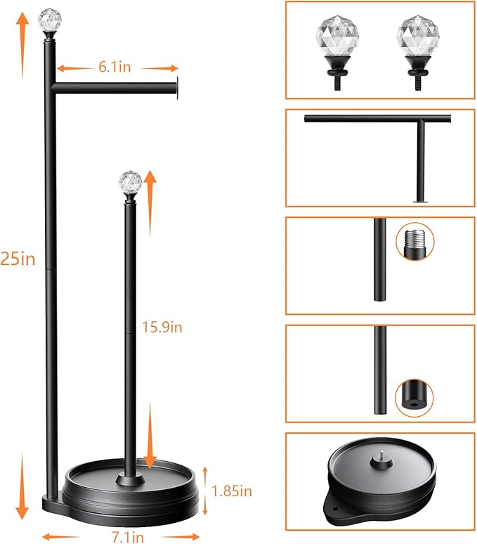 KASUNTO Toilet Paper Holder for Bathroom, Heavy Weighted Metal Free Standing Toilet Paper Holder Stand with Crystal Ball, Toilet Paper Roll Stand for Bathroom Accessories (Matte Black)