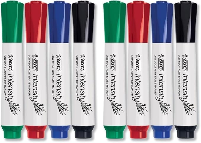 BIC Intensity Low Odor Dry Erase Markers, Assorted Colors, Chisel Tip, 4-Count Pack of Erasable Markers With Low-Odor Ink for a Pleasant Writing Experience (Pack of 2)