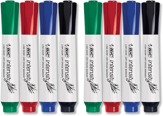 BIC Intensity Low Odor Dry Erase Markers, Assorted Colors, Chisel Tip, 4-Count Pack of Erasable Markers With Low-Odor Ink for a Pleasant Writing Experience (Pack of 2)