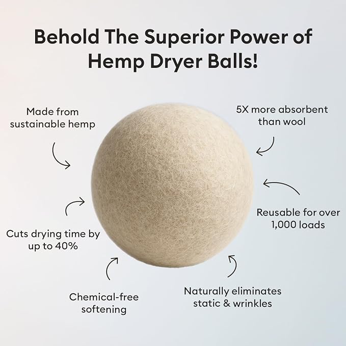 Vove Natural Hemp Dryer Balls Kit with Scent Drops - 4 Pack & Essential Oil Blend - 5X More Absorbent Than Wool - Natural Softener, Reduces Wrinkles and Static, Customizable Fresh Scent, Reusable
