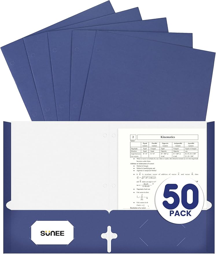 SUNEE Folders with Pockets 3 Hole Punched(50 Pack, Dark Blue), 2 Pocket Folders Fit Letter Size Paper, Paper File Folder for School Office Home Bussiness