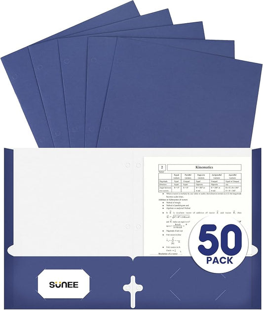 SUNEE Folders with Pockets 3 Hole Punched(50 Pack, Dark Blue), 2 Pocket Folders Fit Letter Size Paper, Paper File Folder for School Office Home Bussiness