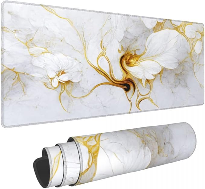 Desk Pad,Office Desk Mat 31.5"×11.8" Large Gaming Mouse Pad,Extended Computer Mouse Pad,Waterproof Thick Big Mouse Pads with Non-Slip Rubber Base Office Home White Gold Marble Flower