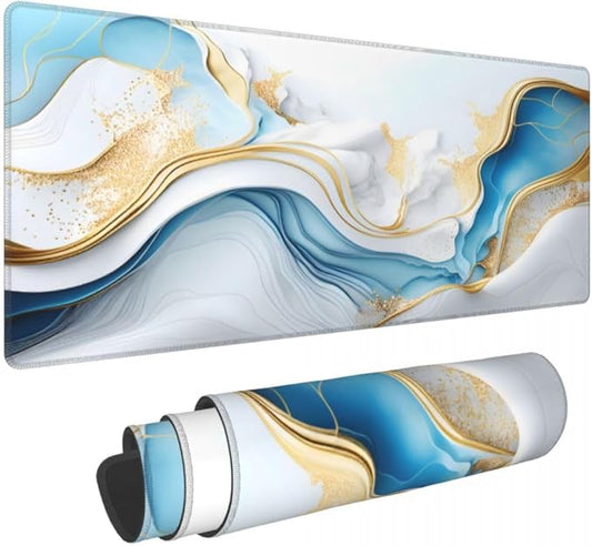 Desk Pad,Office Desk Mat 31.5"×11.8" Large Gaming Mouse Pad,Durable Extended Computer Mouse Pad,Waterproof Thick Big mouse Pads with Non-Slip Rubber Base Office Home Blue White Gold Marble