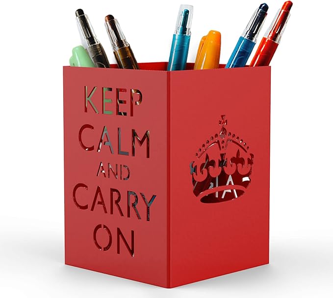 Mango Steam Metal Pen Holder, Makeup Brush Cup Organizer for Office, Bathroom, Vanity (Keep Calm, Red)