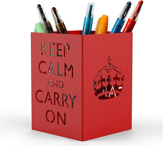 Mango Steam Metal Pen Holder, Makeup Brush Cup Organizer for Office, Bathroom, Vanity (Keep Calm, Red)