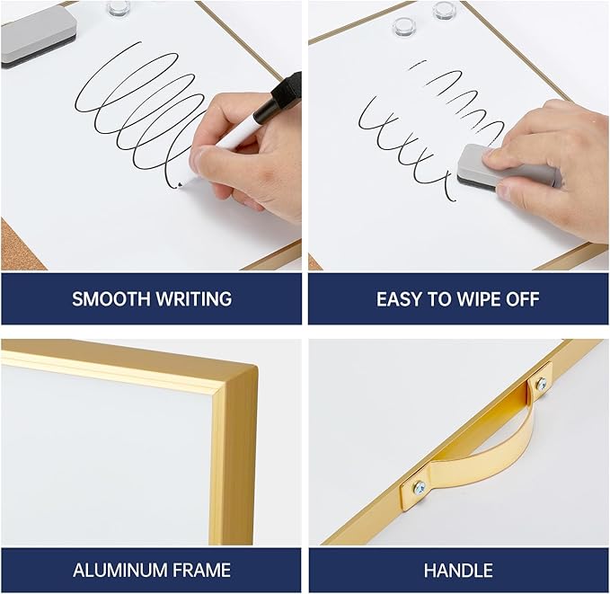 Small Cork Board Whiteboard Combo - 12" X 16" Portable Aluminum Gold Framed Magnetic Dry Erase Board for Wall, Mini Bulletin CorkBoard with a Handle for Office, Home and School