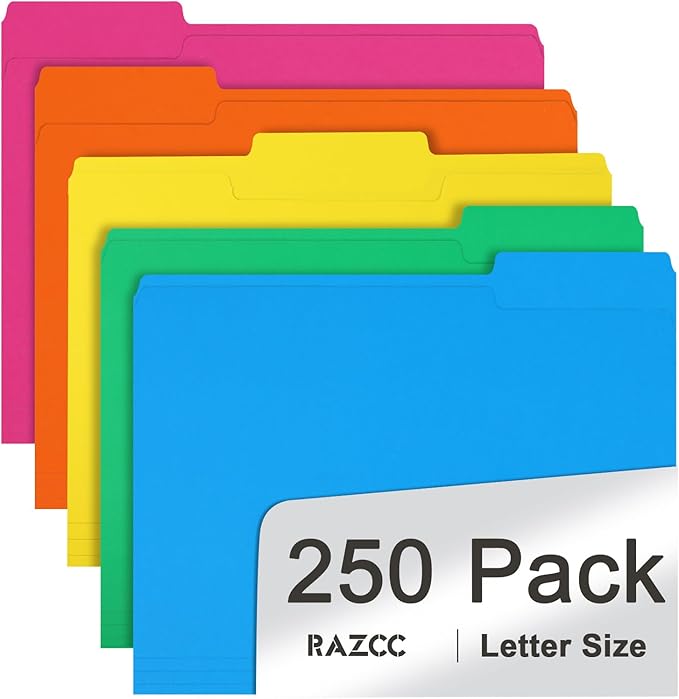 File Folder, RAZCC 250 Pack 1/3 Cut Tab Colored Folders, Colored File Folder Letter Size for Office Classroom Use, Folders with Tabs Assorted 5 Colors