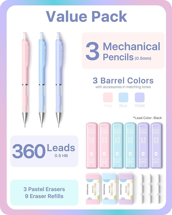 Four Candies Cute Mechanical Pencils 0.5 mm, Pencil Set with 360PCS Lead Refills & Pastel Erasers, School Supplies with Case