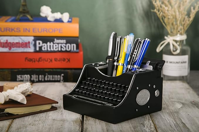 Retro Typewriter Pen Holder Vintage Desk Accssories Unique Cool Gifts for Writer Typewriter Lovers and Secretary Cute Funny Pencil Cups for Office Home School (Black)