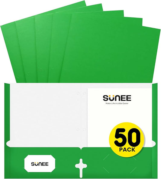 SUNEE Folders with Pockets 3 Hole Punched(50 Pack, Green), 2 Pocket Folders Fit Letter Size Paper, Paper File Folder for School Office Home Business