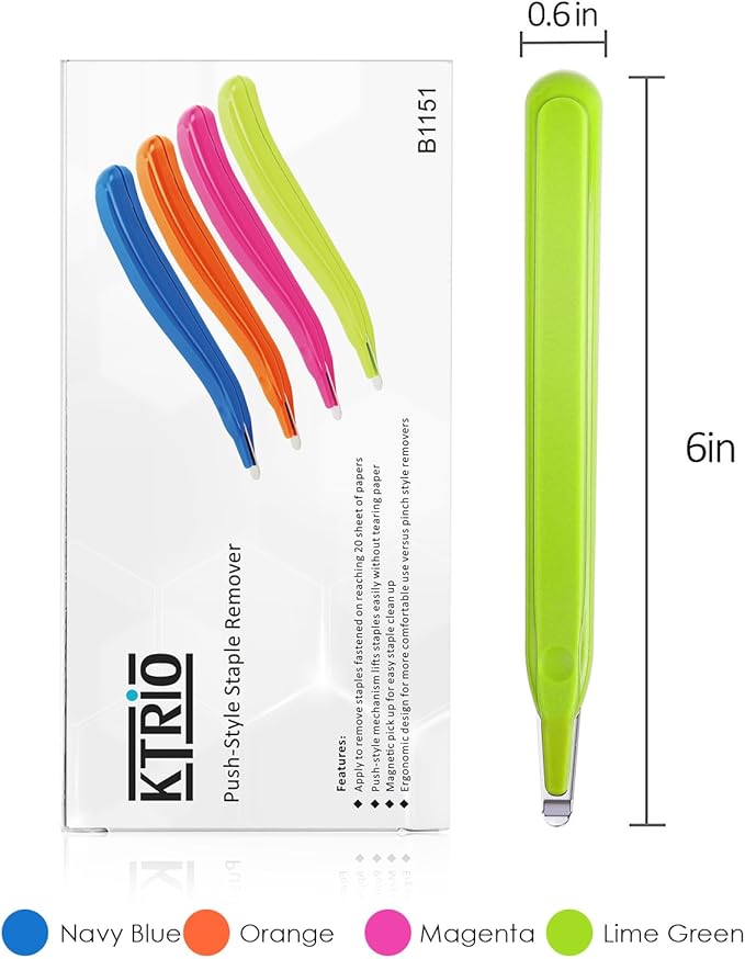 KTRIO Magnetic Staple Remover Tool 4 Pack, Professional Stapler Removers Flat Staple Puller Stick for Classroom, Office, Home, 4 Colors