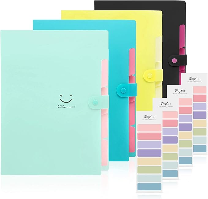 SKYDUE Expanding File Folder with 32 Labels, 5 Pockets A4 Letter Size Accordion Folder Paper Organizer for School and Office Pack of 4